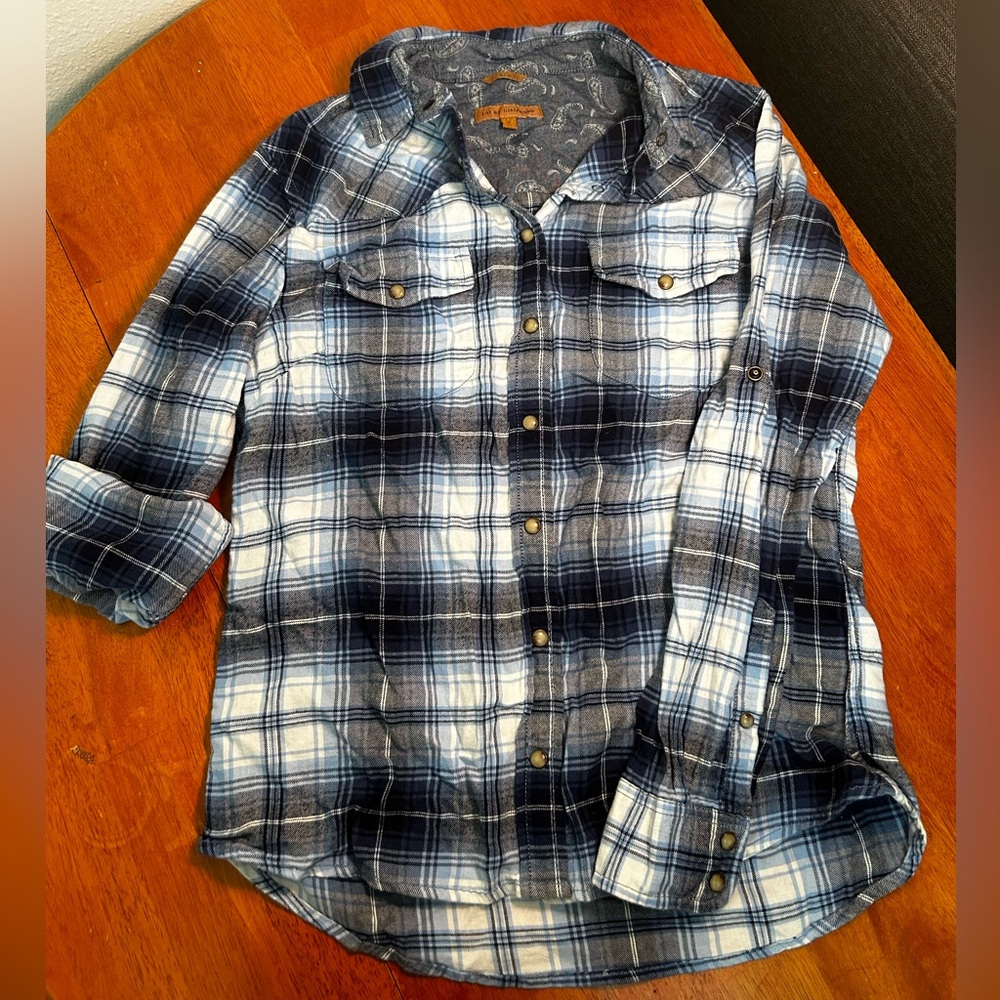 Blue plaid long sleeve button up, sleeves roll up and button, 100% cotton